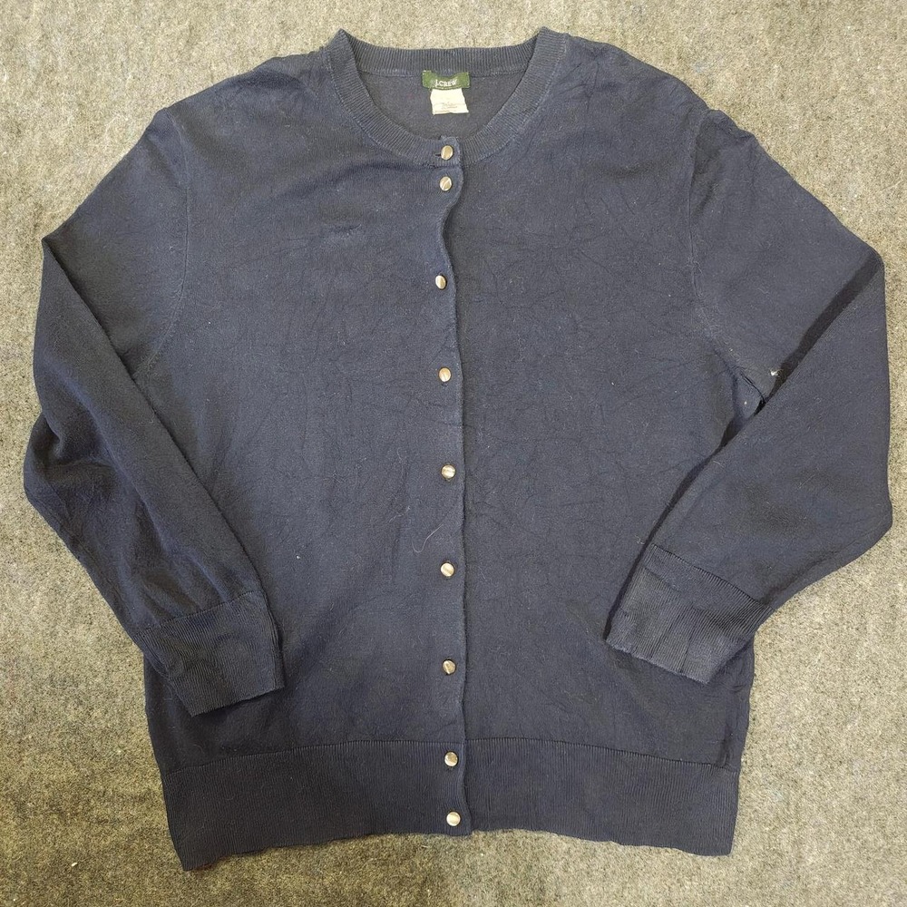 J.Crew Womens Navy Blue Cotton Blend Button Up Crewneck Cardigan Sweater RN77388